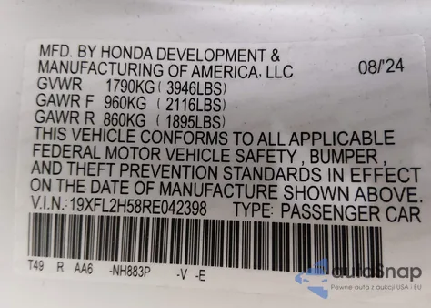 2024 Honda Civic Lx z USA, uszkodzony, nr VIN 19XFL2H58RE042398